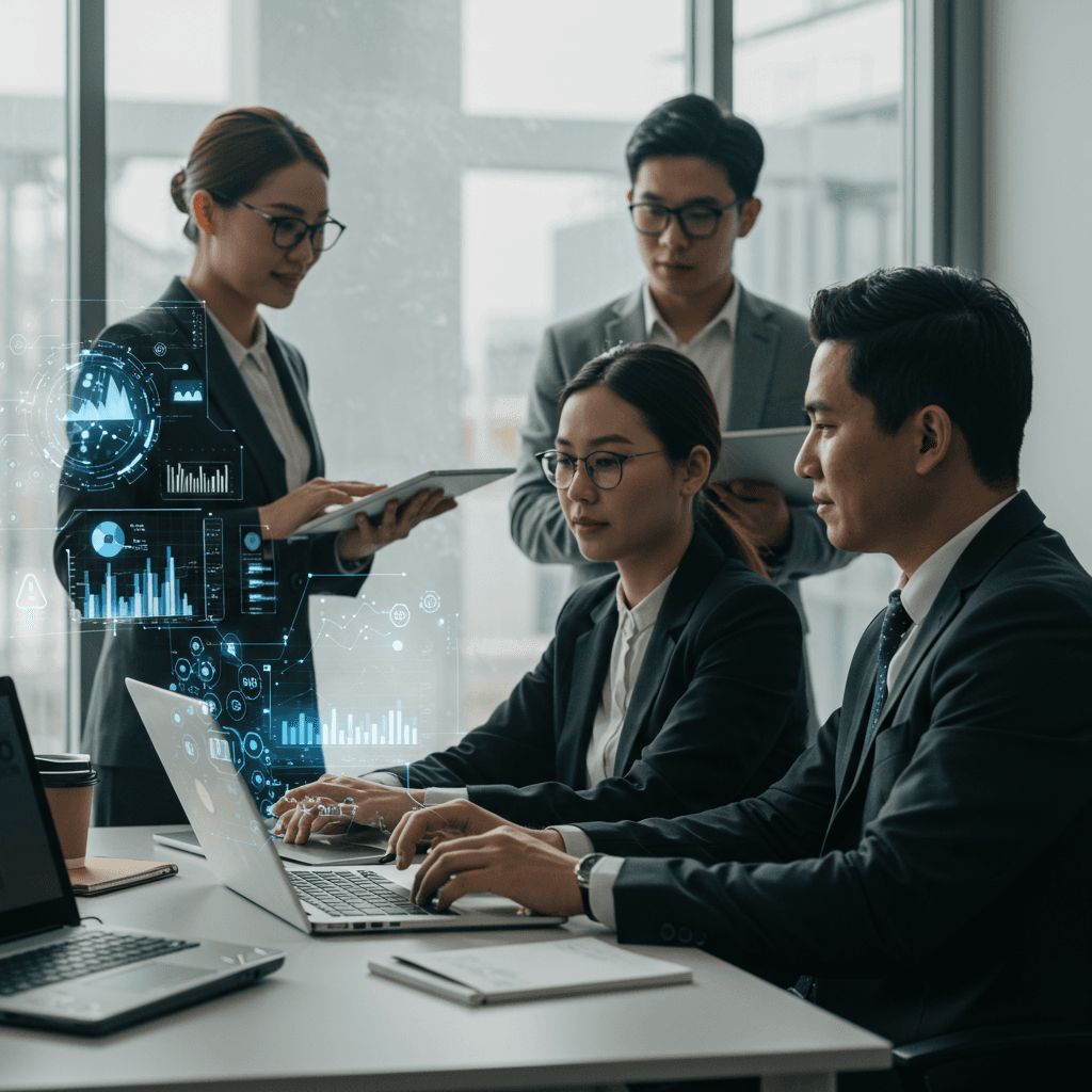 A diverse group of SME business owners collaborating with AI-driven digital agents in a modern office, symbolising intelligent automation and business growth through technology.