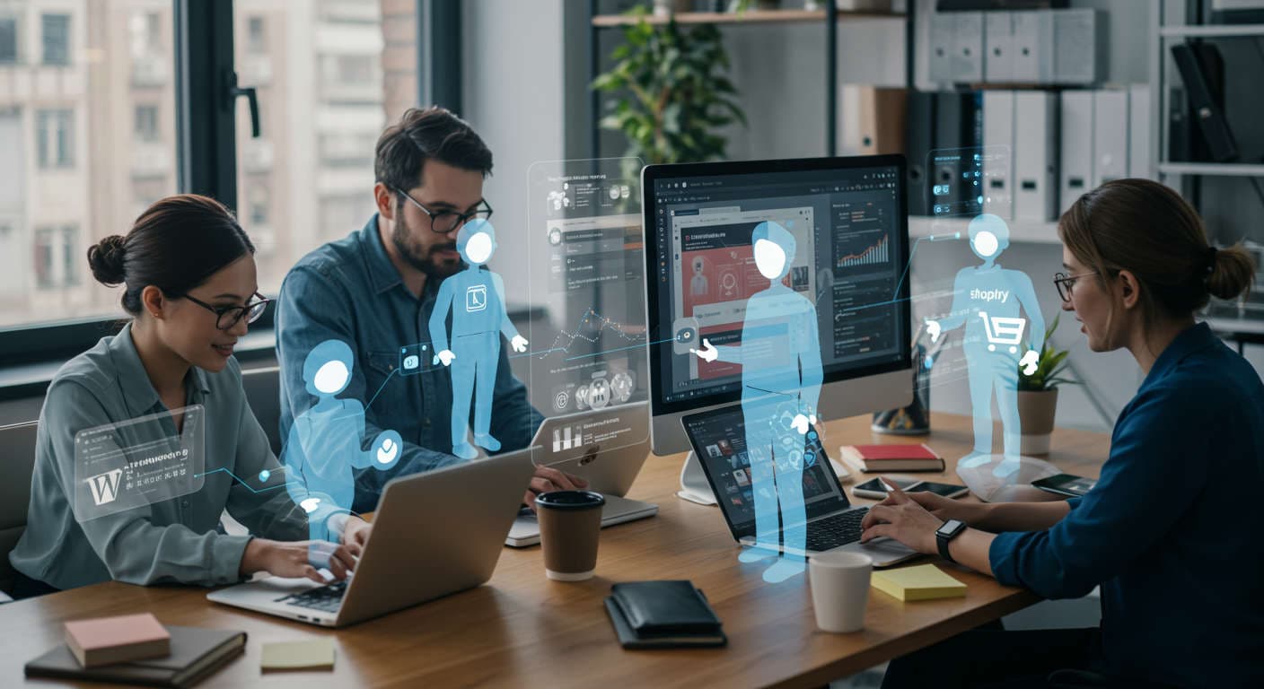 Small business owners and startup founders collaborating with AI virtual employees on laptops in a modern office, symbolising AI-driven workflow automation and integration with WordPress and Shopify platforms.