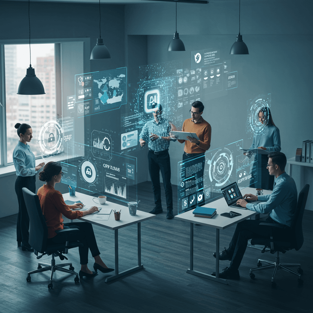 Diverse SME team using AI technology for business compliance automation with digital interfaces showing audit trails and risk management dashboards in a modern office setting