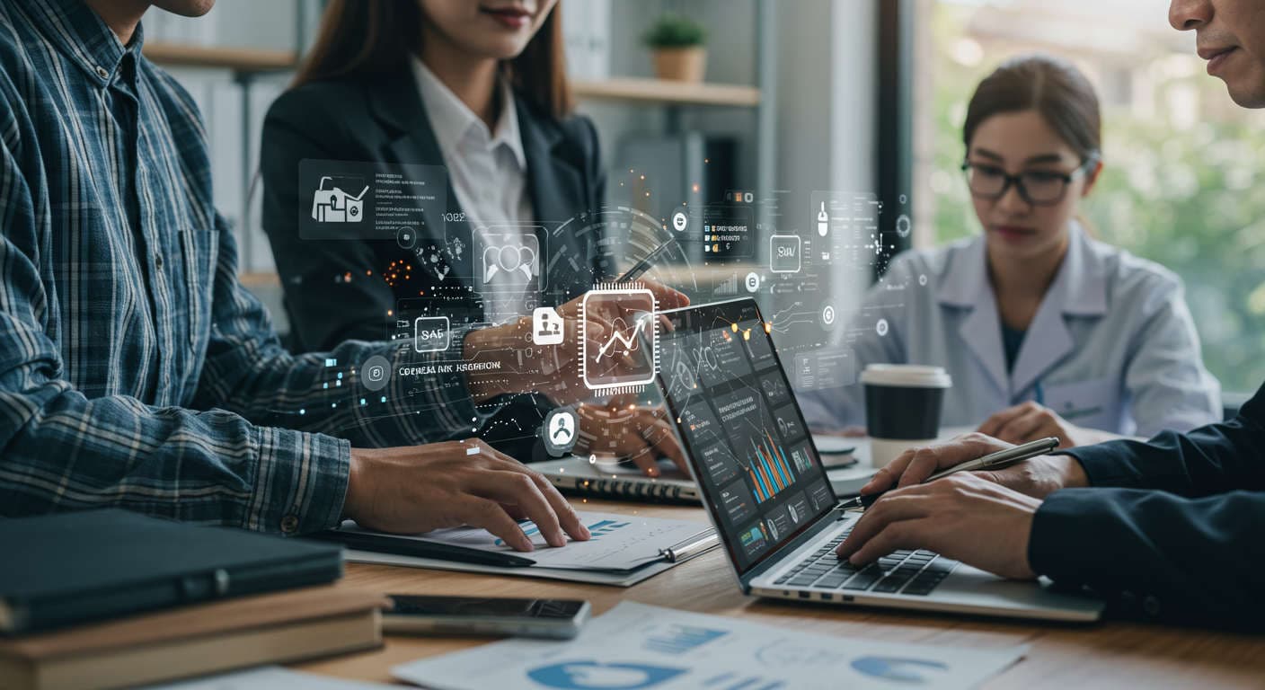 Diverse small business owners and startup entrepreneurs collaborating with AI technology and digital marketing tools in a modern office, representing ecommerce, local services, SaaS, and healthcare sectors driving growth and automation.