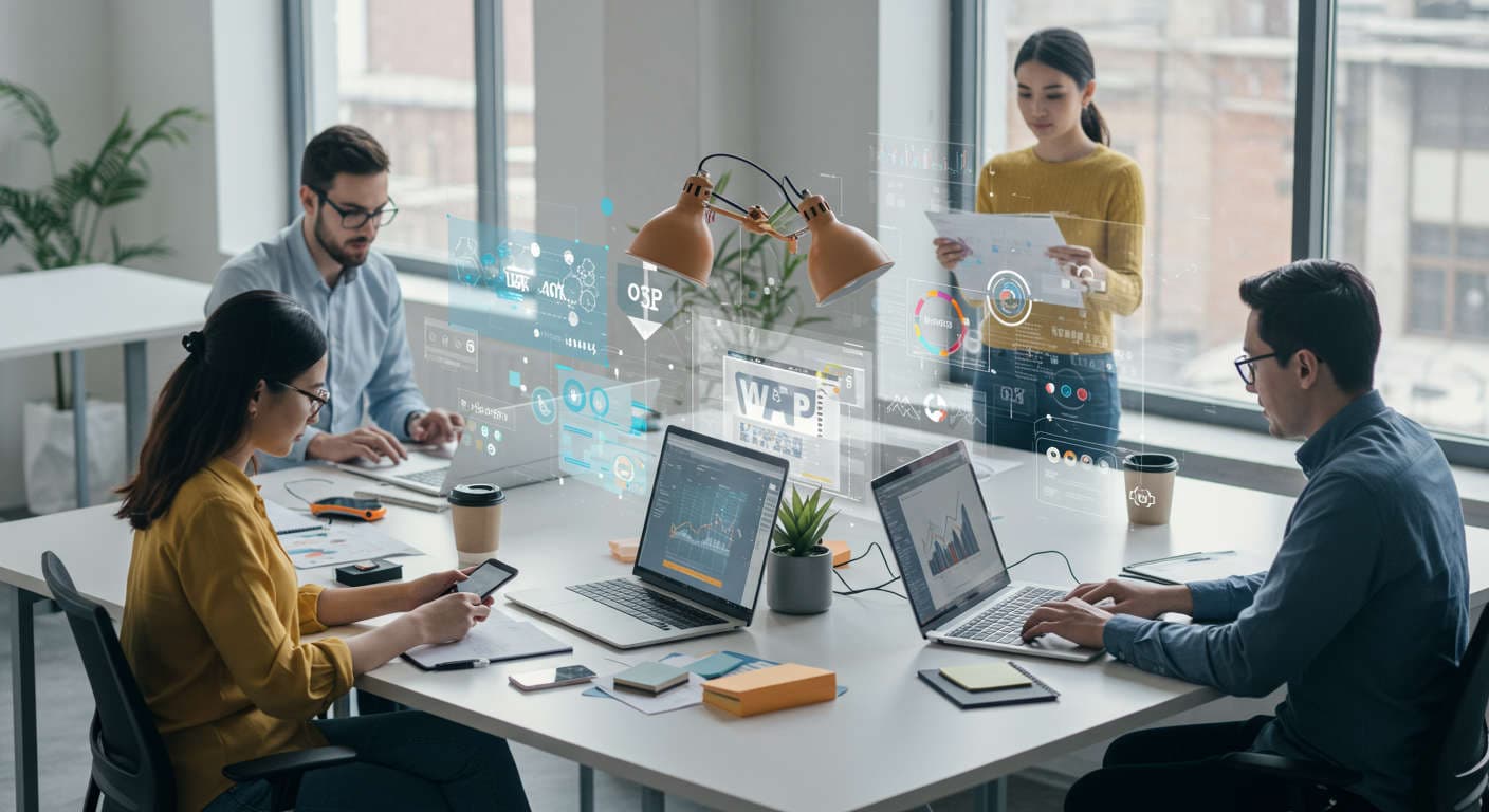 Modern small business office with diverse professionals using laptops and digital devices, symbolising AI automation and WordPress plugin technology for growth and efficiency