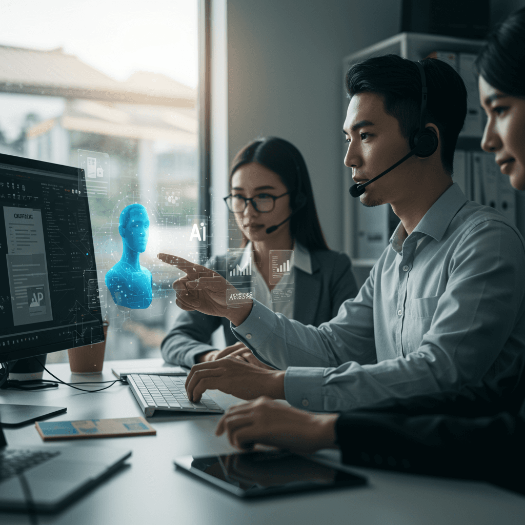 Small business team in a modern office using AI technology for customer service and compliance automation