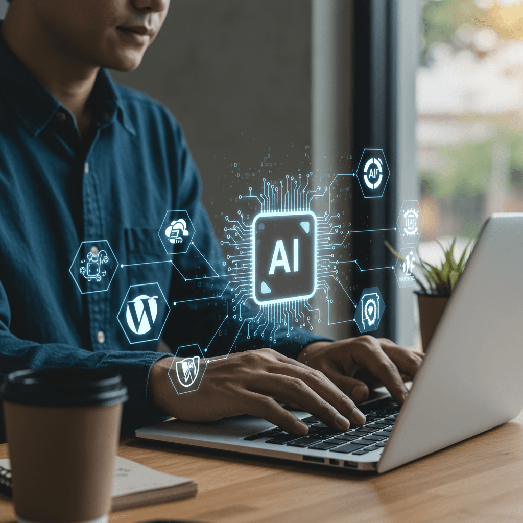 Small business owner working on a laptop with AI technology icons and WordPress logo, symbolising AI content automation and seamless integration for SMEs