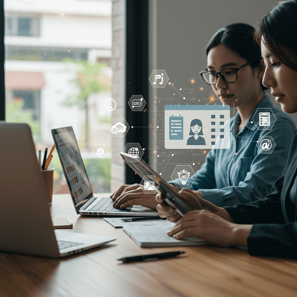 Diverse small business team using AI automation tools for appointment scheduling with digital calendars and virtual assistant icons, integrating WordPress and Shopify.