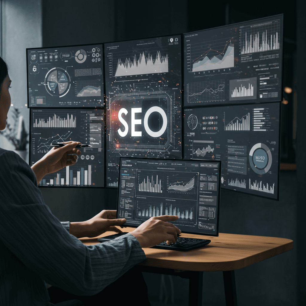 Business person analysing SEO data on multiple screens with AI elements and digital graphs, representing tailored AI content creation and SEO optimisation for small businesses.