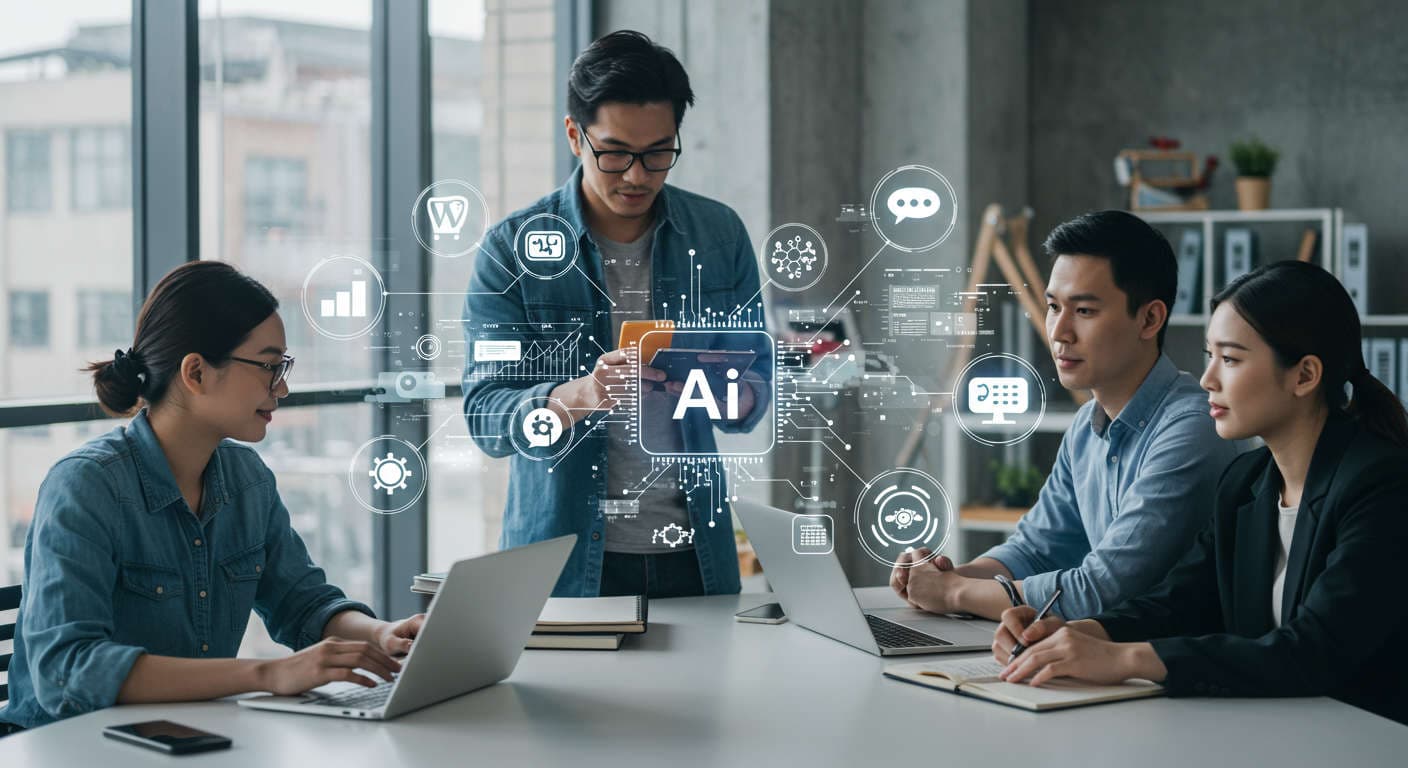 Diverse small business owners and startup entrepreneurs collaborating with AI technology and digital marketing tools in a modern office, symbolising AI content automation and growth for SMBs.