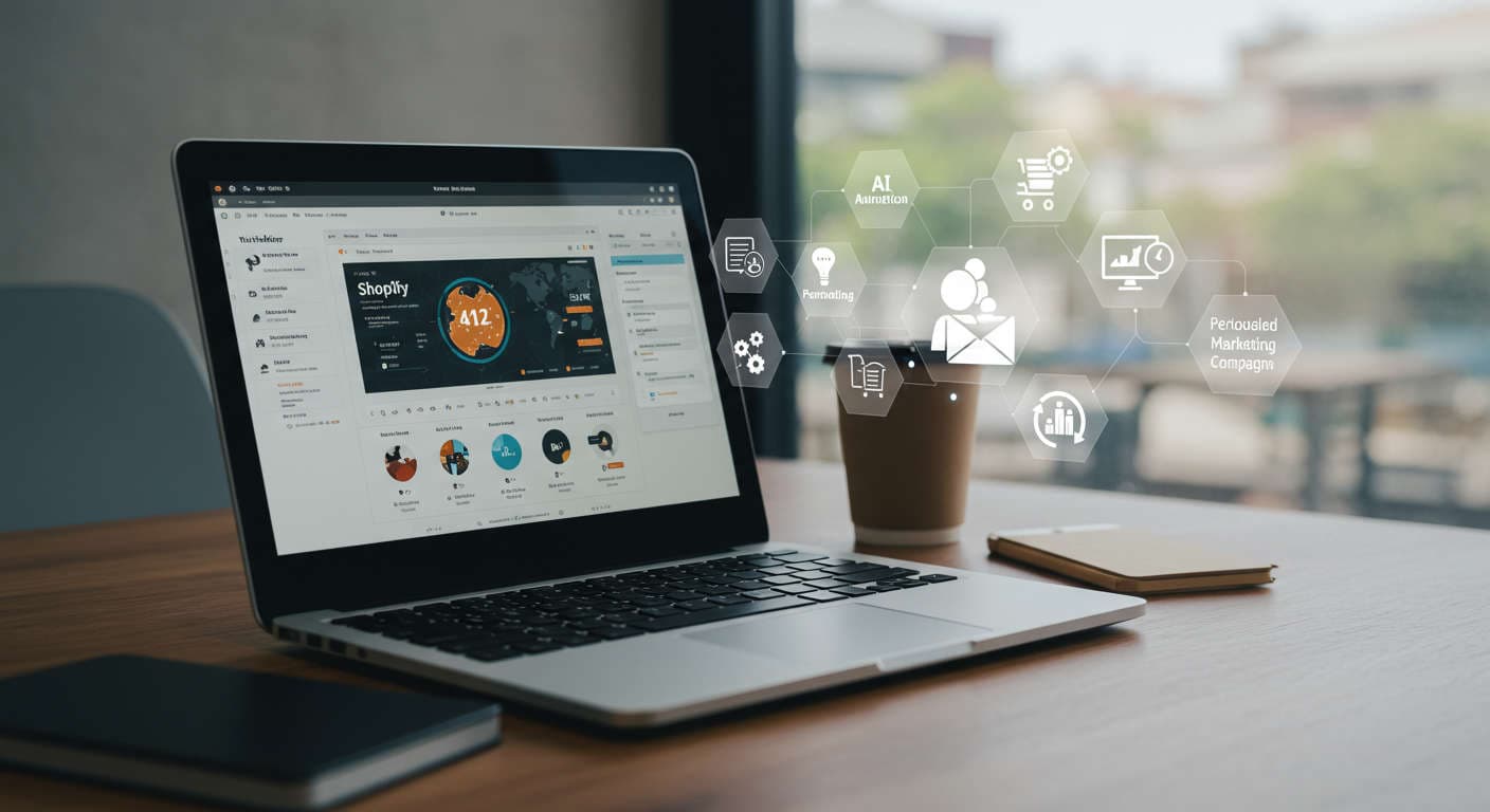 Modern ecommerce workspace with laptop displaying Shopify dashboard surrounded by digital marketing icons representing AI automation and personalised campaigns for small business growth