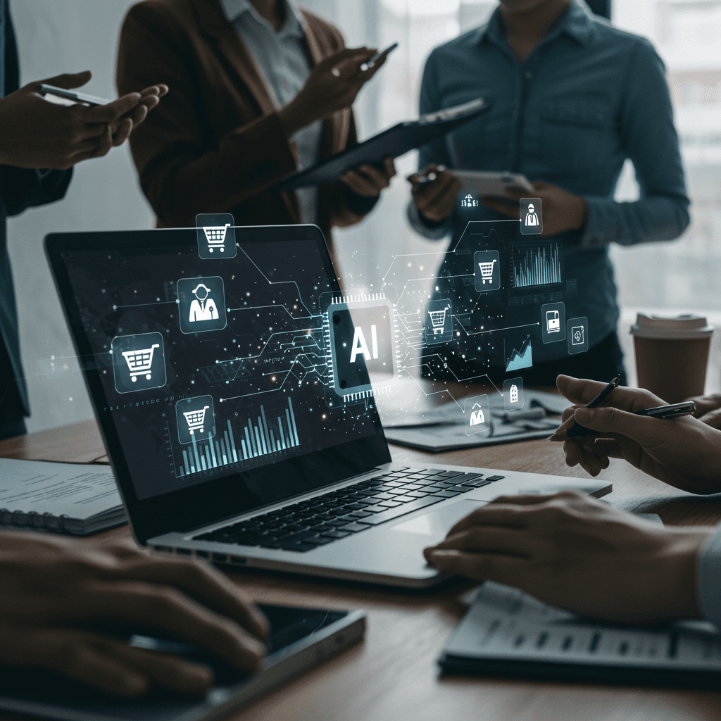 Modern e-commerce workspace with laptop showing AI technology interface, shopping icons, digital graphs, and virtual assistant elements representing AI integration in online retail.