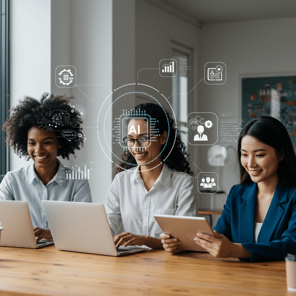 Diverse small business owners using AI technology with icons of automation and virtual employees in a modern office setting