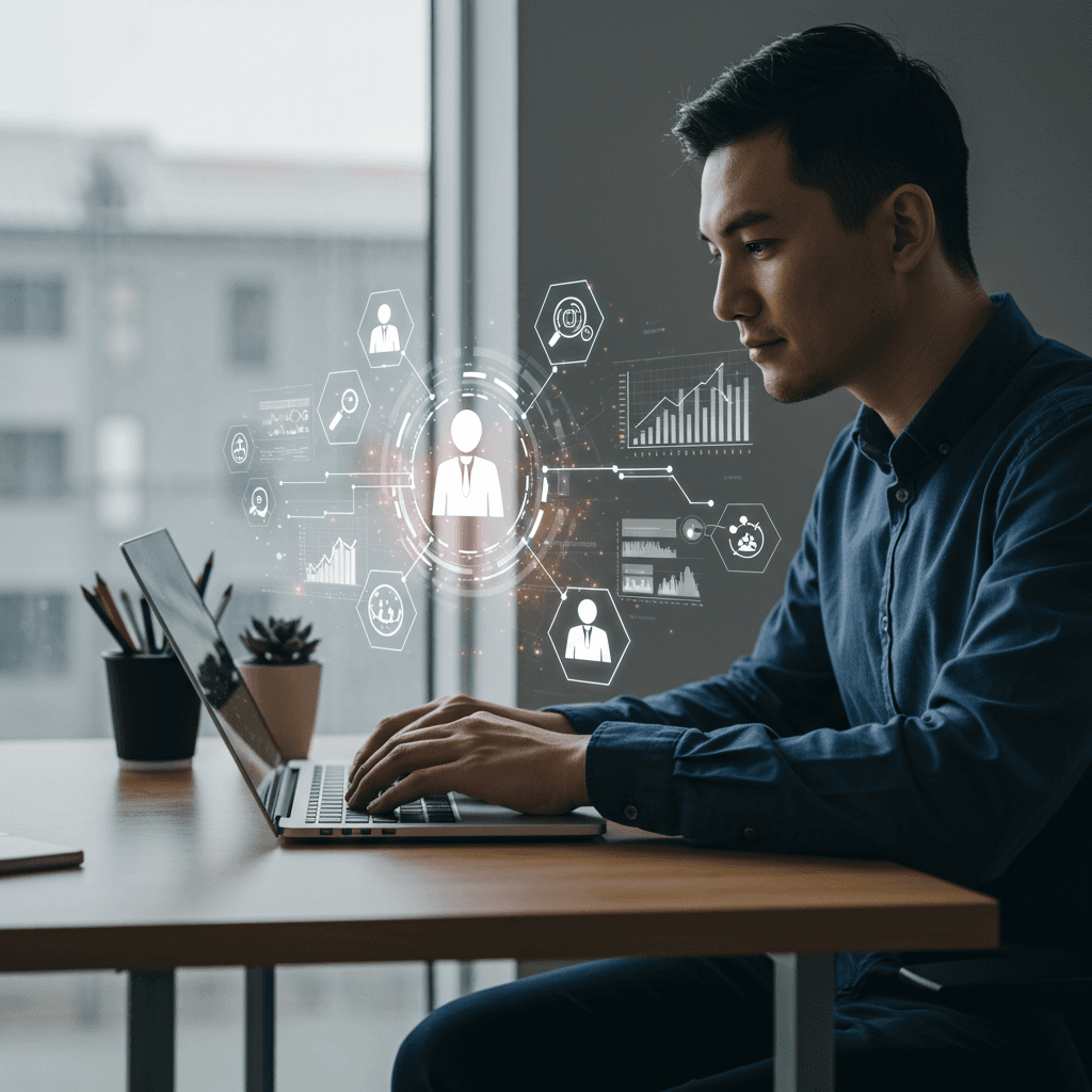 Small business owner working on laptop with AI virtual employee holograms and digital regulatory icons symbolising compliance automation and workflow efficiency