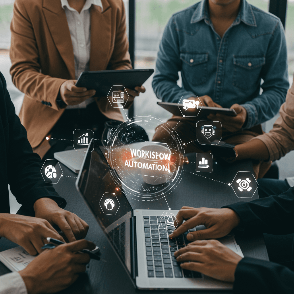 Diverse small business owners collaborating with AI automation tools in a modern office, surrounded by icons representing workflow automation, customer service, e-commerce, compliance, and productivity.