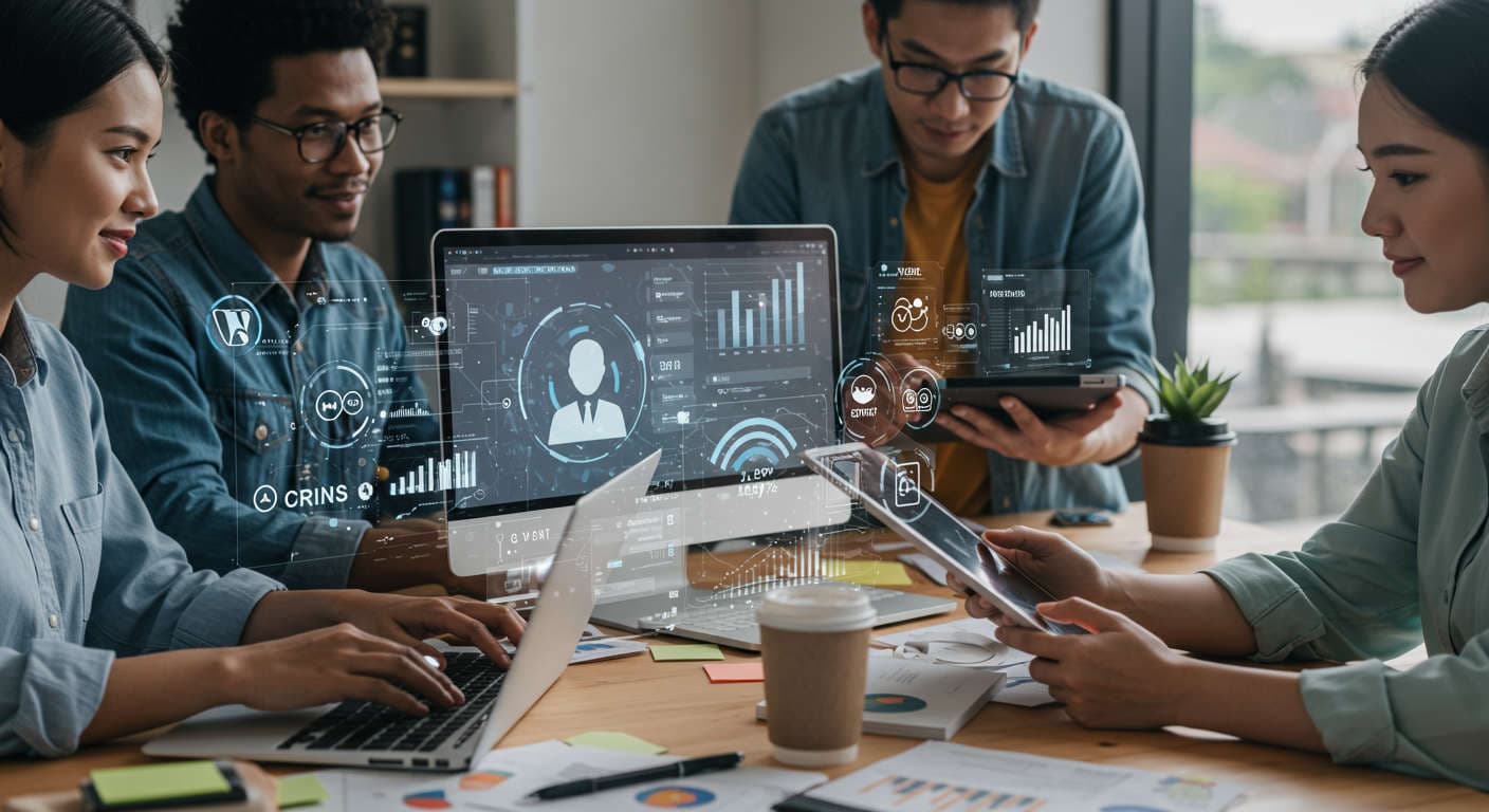 Diverse small business owners and startup entrepreneurs using AI virtual employee technology on laptops and tablets, symbolising automation and digital growth with WordPress and Shopify integration in a modern office setting