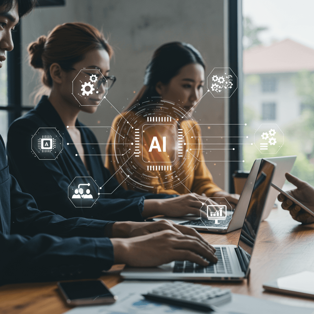A modern office workspace with diverse small business professionals collaborating, using laptops and digital devices, surrounded by AI and technology icons symbolising AI agents, automation, data insights, and workflow optimisation.