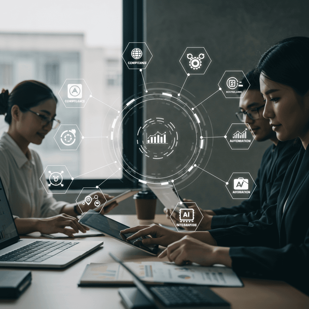 Diverse SME professionals collaborating in a modern office with digital devices and icons symbolising compliance, customer service, automation, and AI integration