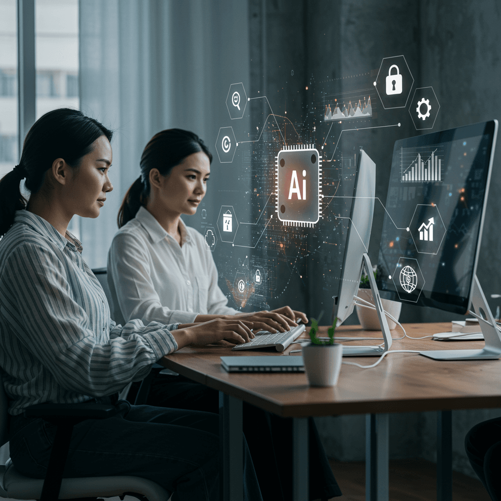 Diverse small business professionals in a modern office using AI technology with digital compliance icons and futuristic data visuals representing AI compliance automation for SMEs ensuring safety and growth