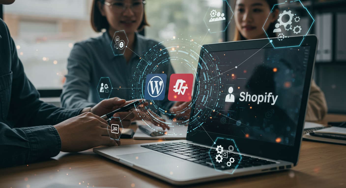 Modern small business office with laptop showing WordPress and Shopify logos, surrounded by digital AI automation and workflow icons, symbolising efficiency and growth