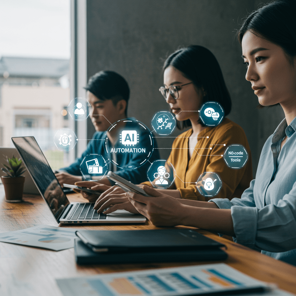 Diverse small business professionals using laptops and tablets with digital AI automation icons representing no-code tools and virtual assistants in a modern office environment.