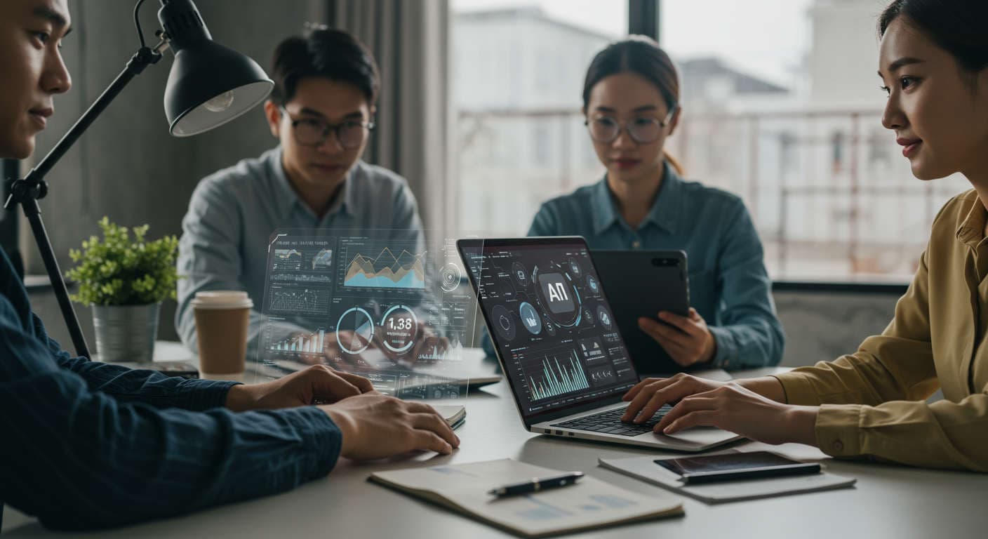 Diverse small business team using AI-powered dashboards on laptops and tablets in a modern office, symbolising AI automation and business growth for SMBs
