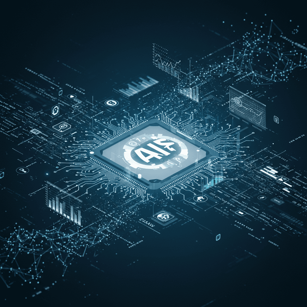 Abstract digital illustration of AI technology with neural networks, data streams, and financial icons representing AI services price comparison for business and innovation