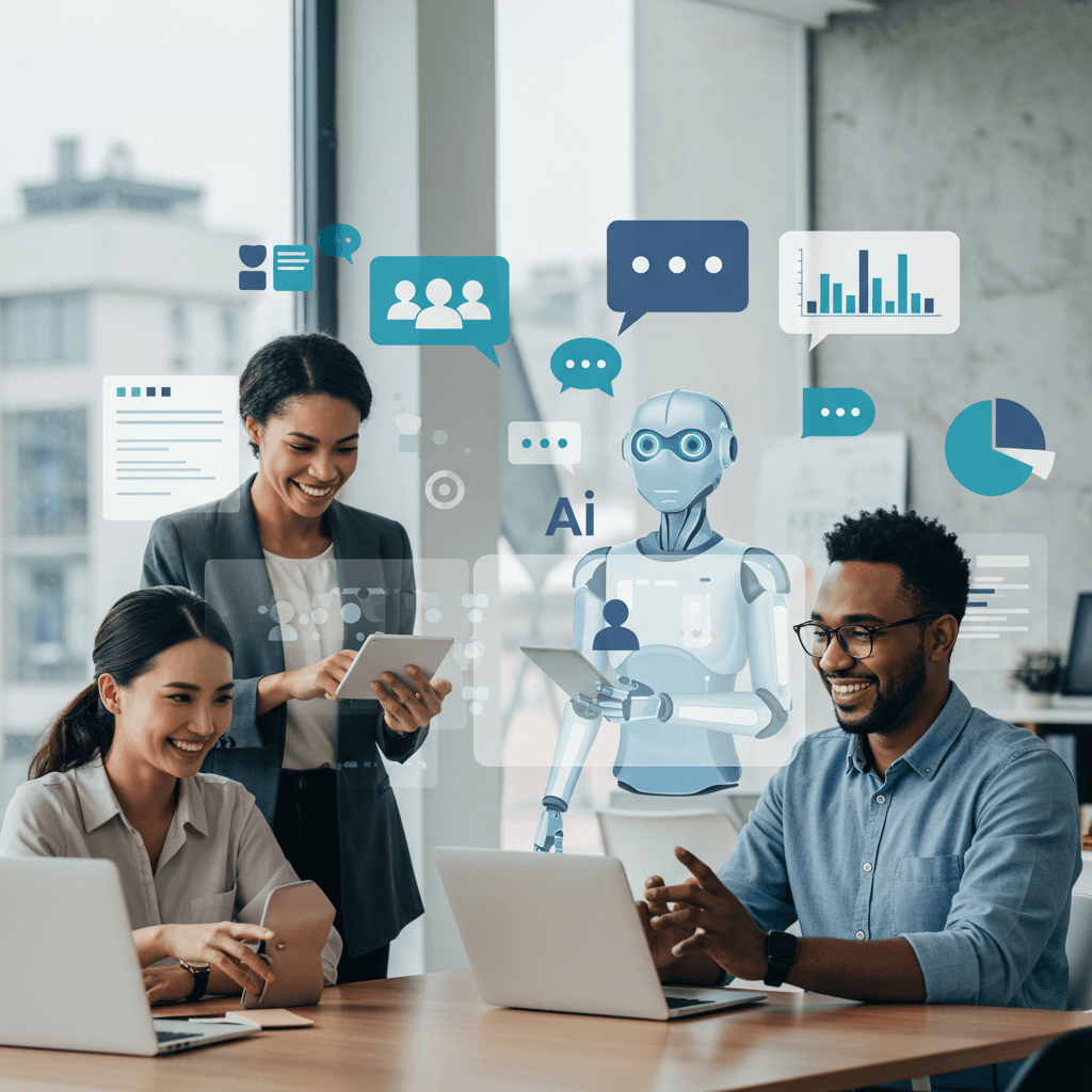 Diverse small business owners engaging with AI virtual employees on digital devices, surrounded by customer feedback icons and data charts in a modern office, symbolising AI-driven customer feedback automation for SMEs