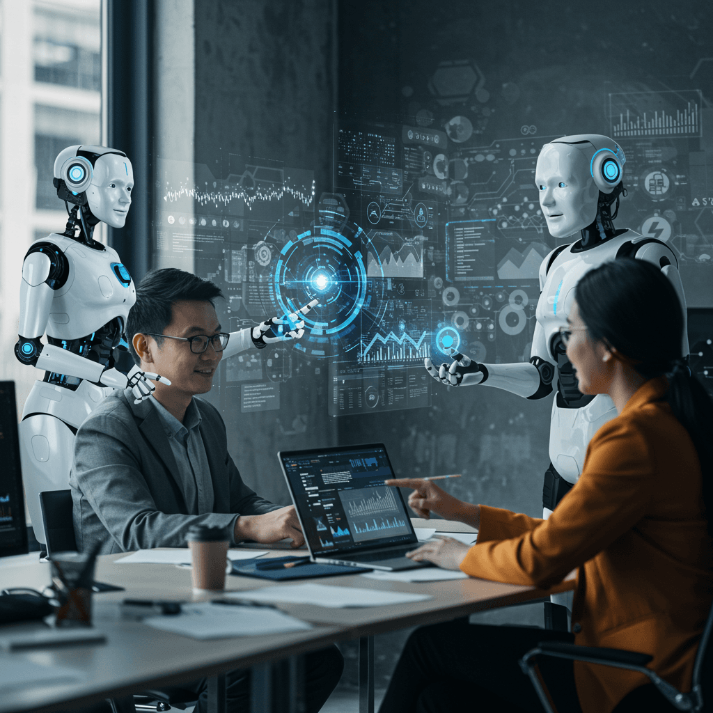 Futuristic digital marketplace with diverse AI agents interacting with small and medium business owners in a modern office environment, symbolising AI automation and business innovation