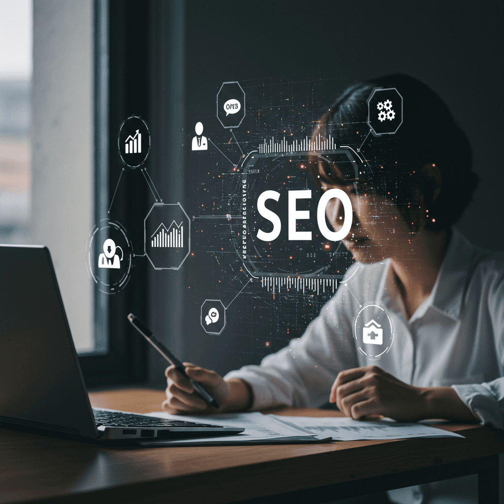 Futuristic digital workspace with AI agents managing SEO tasks, abstract data visualisations, and automation icons representing AI-driven SEO automation and workflow management.