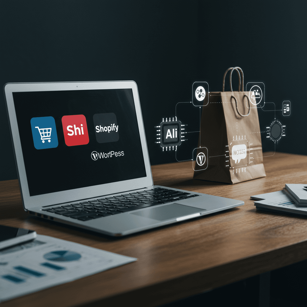 Modern workspace with laptop showing Shopify and WordPress logos, AI virtual employee icons, and small business elements representing seamless SME automation and AI integration