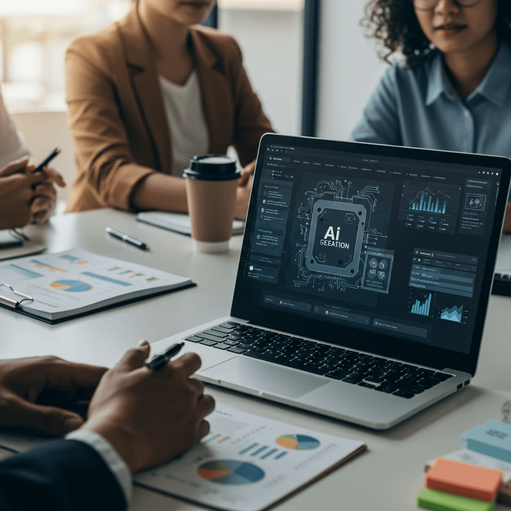 A modern office workspace with a laptop displaying AI content creation software, surrounded by diverse small business owners collaborating, symbolising AI-driven content creation for SMEs, with a clean and professional aesthetic