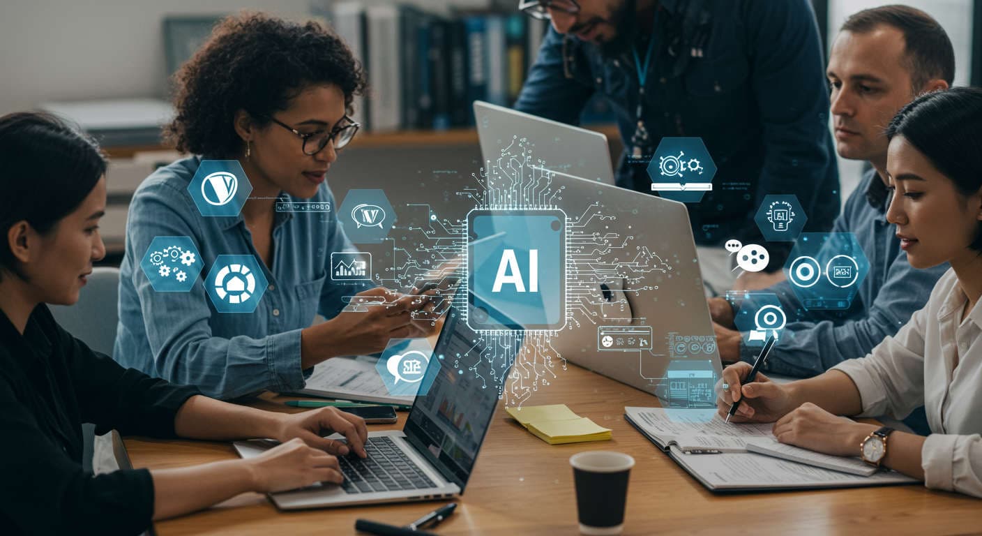 Diverse small business owners and startup entrepreneurs using digital devices with AI and automation icons, representing affordable AI automation and integration with WordPress and Shopify for growth.