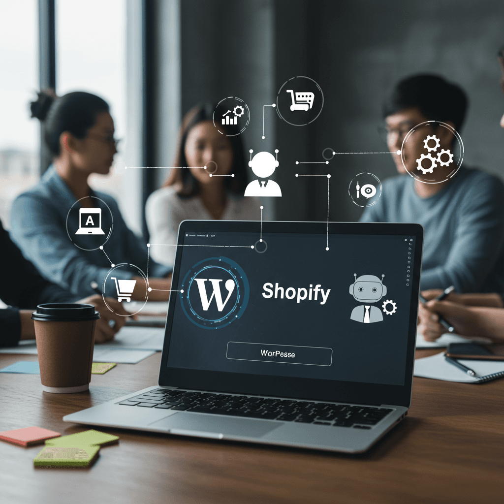 Modern office workspace with laptop showing WordPress and Shopify logos, surrounded by AI and automation icons, representing AI virtual employees and e-commerce integration for small businesses.
