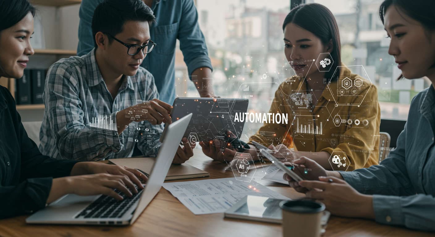 Diverse small business owners and startup entrepreneurs using AI technology with digital analytics and automation icons in a modern office environment representing AI automation ROI and daily performance tracking for SMB growth