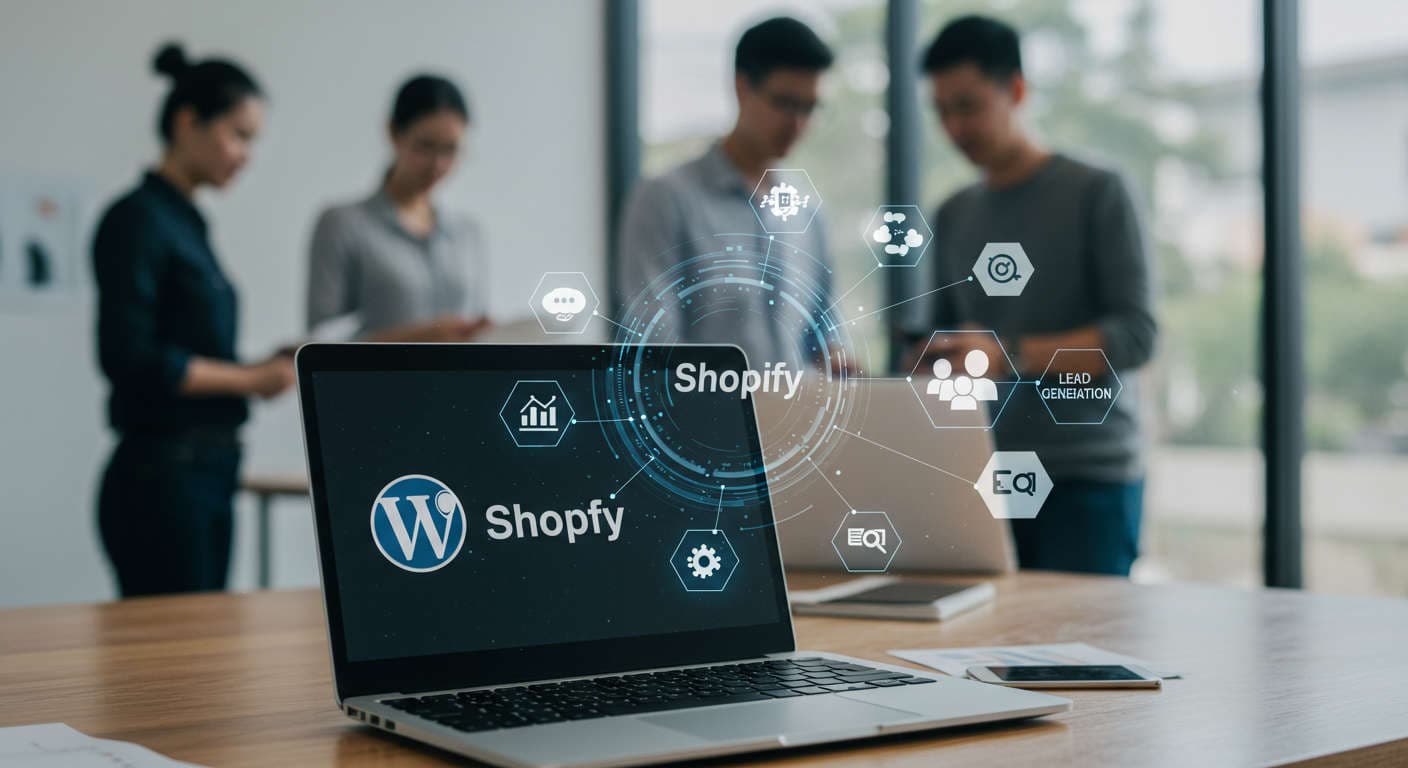 Modern workspace with laptop showing WordPress and Shopify logos, surrounded by AI and marketing icons, representing AI-powered lead funnels for SMBs and startups.