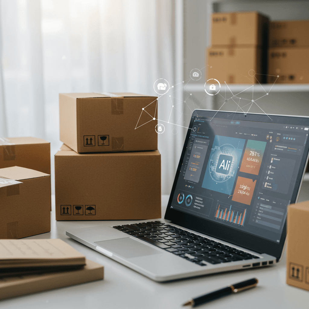 Modern small business workspace with laptop showing inventory management software, surrounded by stock items and digital AI elements symbolising AI automation for SMEs