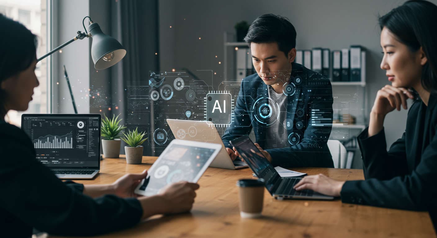 Diverse small business team using AI technology with data analytics and automation workflows on screens in a modern office environment representing AI automation ROI for SMBs and startups
