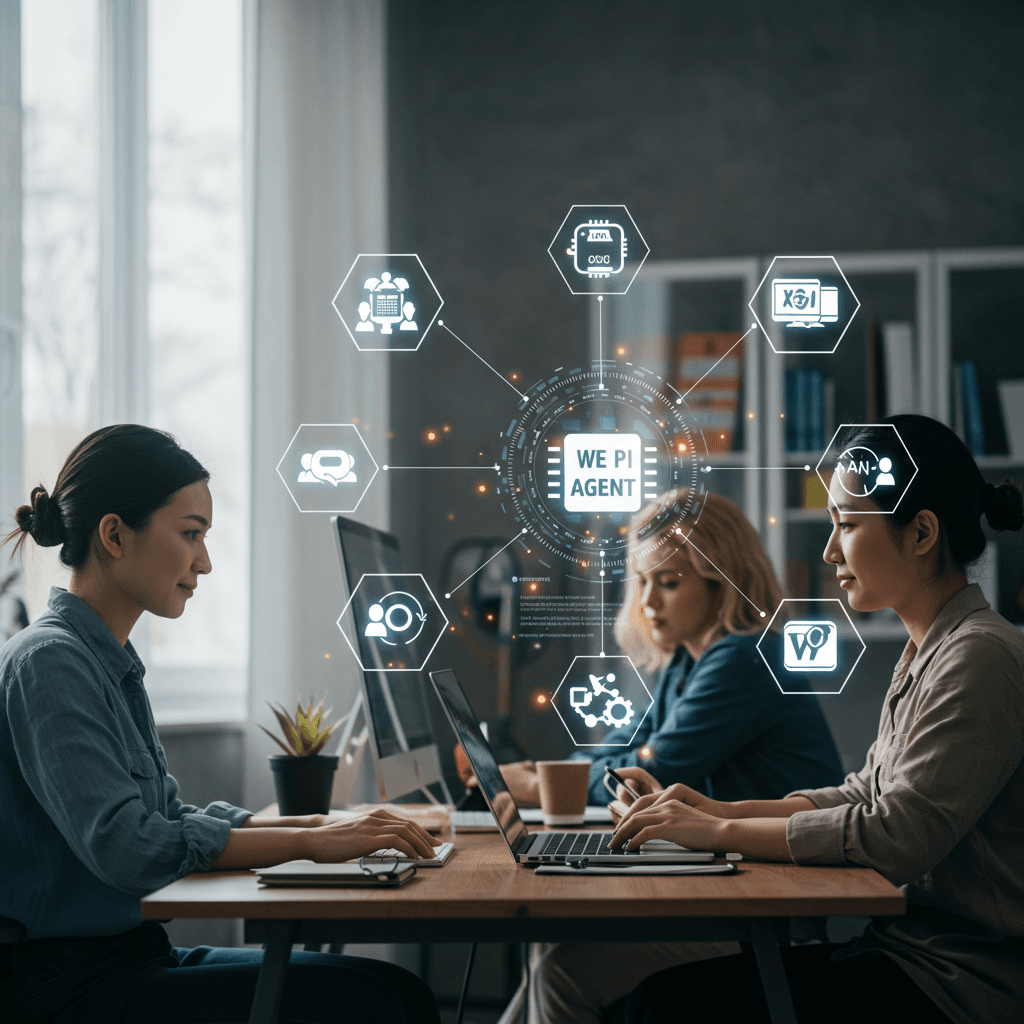 Diverse small business team using AI-powered workflow automation tools on computers with icons of Shopify, WordPress, and digital marketing around them, symbolising seamless no-code AI integration for SMEs.