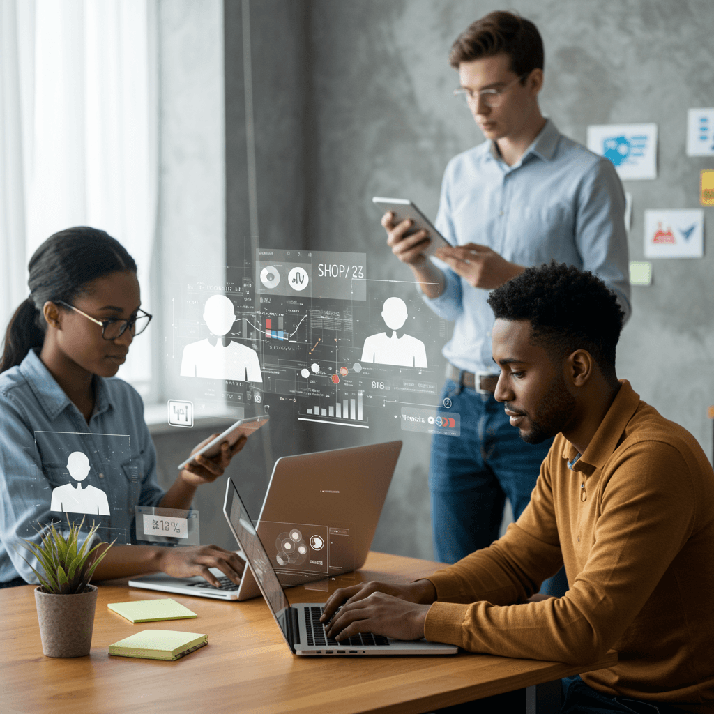 Diverse small business owners and startup entrepreneurs using AI virtual employees on laptops and digital devices, showcasing integration with WordPress and Shopify in a modern office environment symbolising daily lead generation and organic traffic growth through AI automation