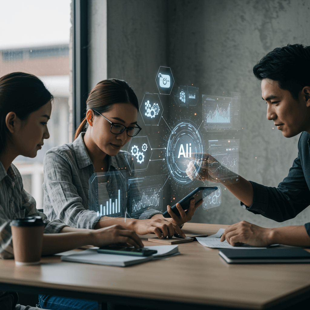 A modern office setting showing a diverse small business team collaborating with digital devices displaying AI and automation concepts, symbolising workflow automation and AI-driven content creation for SMEs.