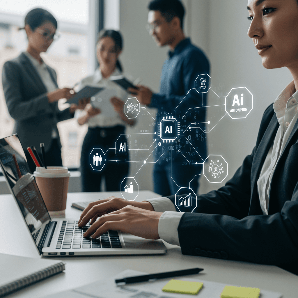 A small business owner working on a laptop surrounded by AI and automation icons, representing workflow automation for SMEs in a modern office environment.