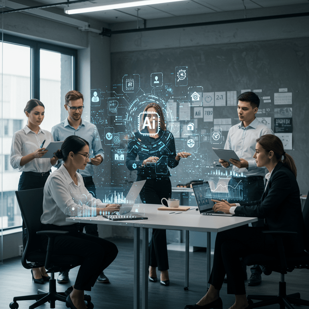 Diverse group of SME professionals collaborating with AI technology on compliance automation in a modern office setting