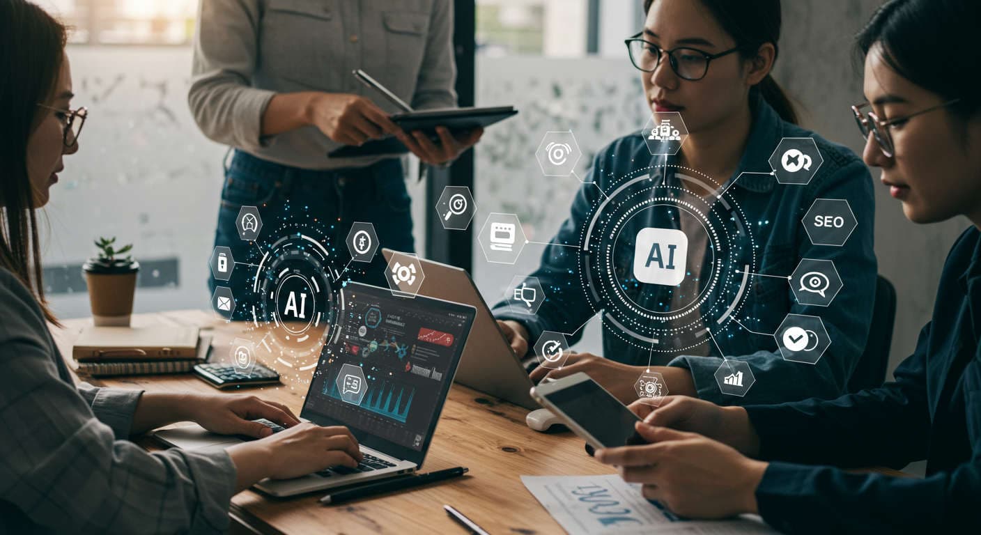 Small business owners and startup entrepreneurs using AI technology for SEO and content automation, with digital icons representing keyword research, WordPress and Shopify integration in a modern workspace