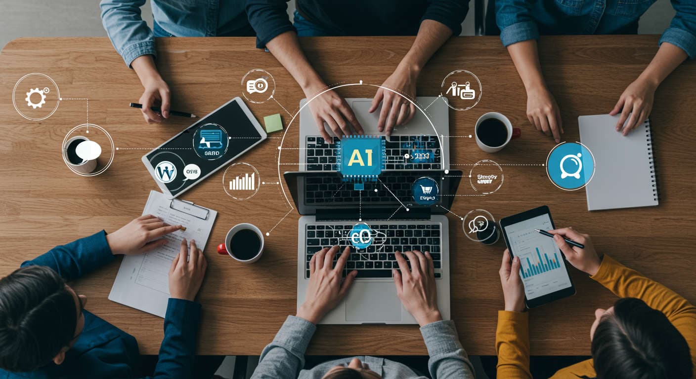 Diverse small business team using laptops with AI and marketing icons, WordPress and Shopify logos in the background representing AI-powered marketing funnels for SMBs