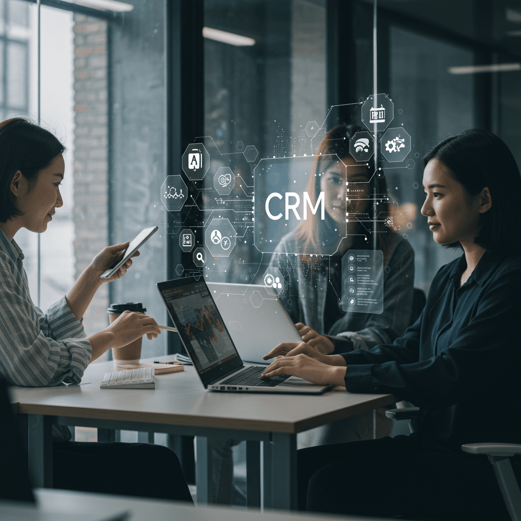 A modern office setting showing a small business team collaborating with AI technology and CRM software on screens, diverse professionals using laptops and digital devices, futuristic AI elements symbolising automation and data integration, bright and professional atmosphere