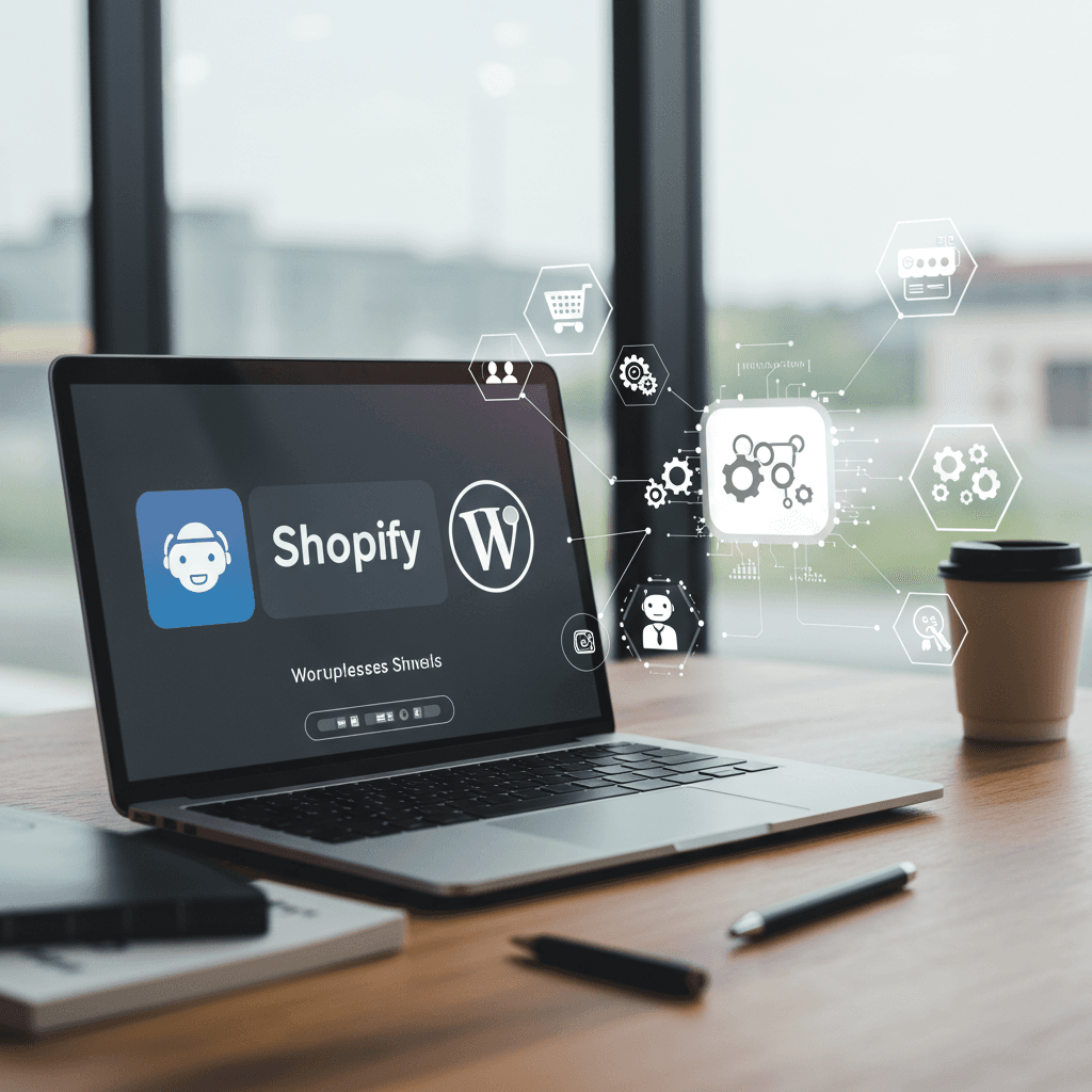 Modern e-commerce workspace with laptop displaying Shopify and WordPress logos, surrounded by AI automation icons representing workflow efficiency for SMEs