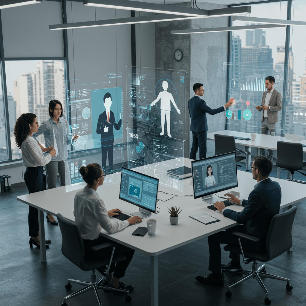 Diverse small business owners interacting with AI virtual employees in a modern office, representing SME automation and AI-driven workflow, SEO, and compliance management.