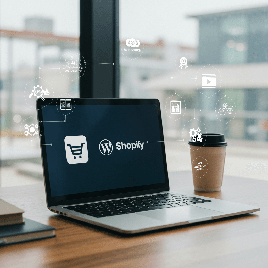 Modern workspace with laptop displaying Shopify and WordPress logos, surrounded by AI automation and e-commerce icons symbolising efficient workflow for SMEs