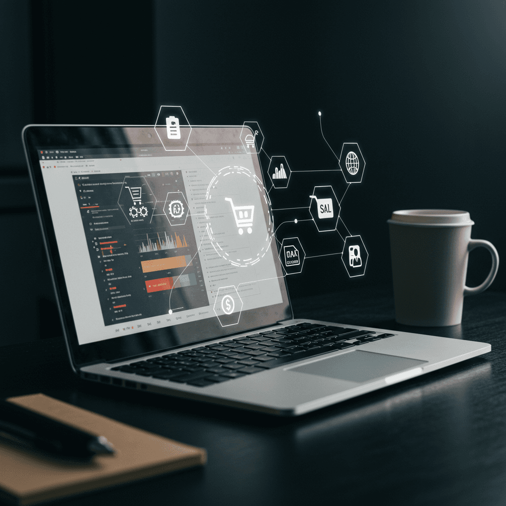 Modern e-commerce workspace with a laptop displaying Shopify interface surrounded by digital icons representing AI, automation, compliance, and tax calculations