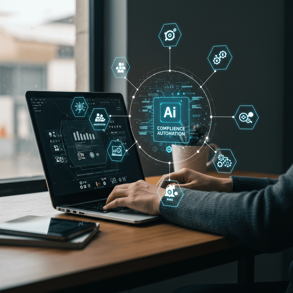 Small business owner using AI-powered compliance automation software on laptop in a modern office, surrounded by icons representing AI virtual employees, workflow automation, and regulatory compliance for SMEs on Shopify and WordPress platforms