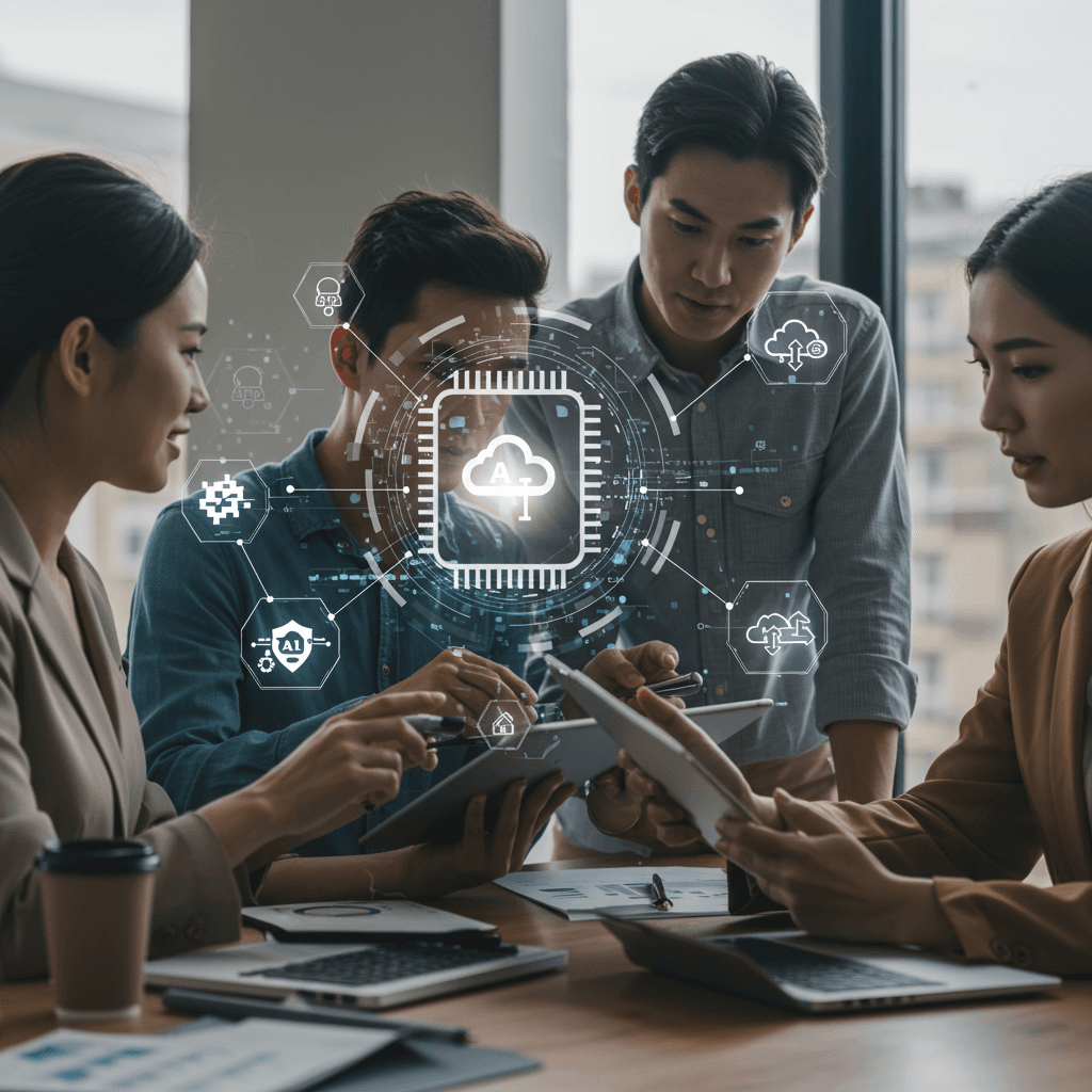 Diverse small business owners in a modern office discussing AI technology with digital icons representing AI services and automation around them