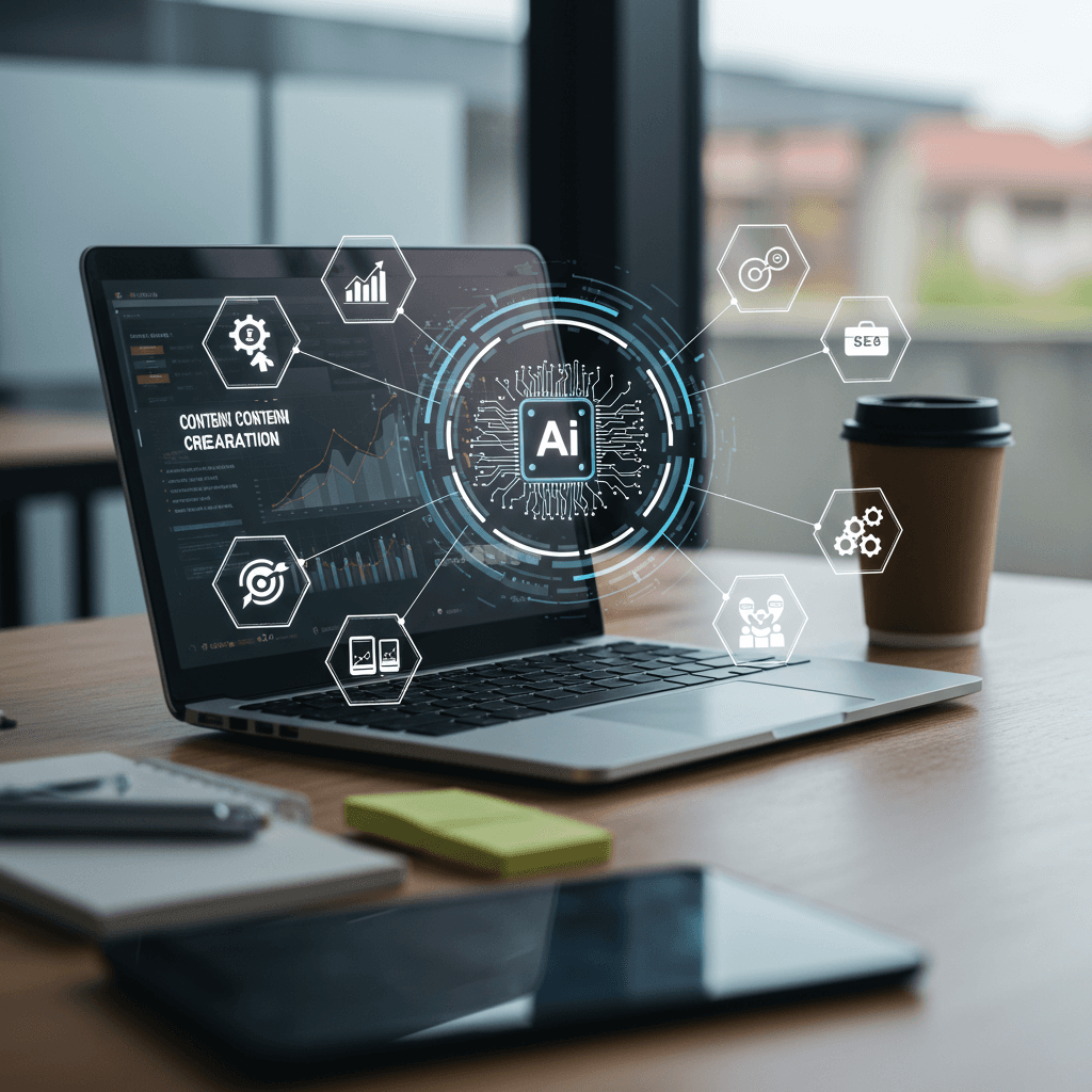 Modern office workspace with laptop showing AI-driven content creation software, surrounded by digital icons of automation, SEO, and business growth, symbolising AI-enhanced workflow automation for SMEs.