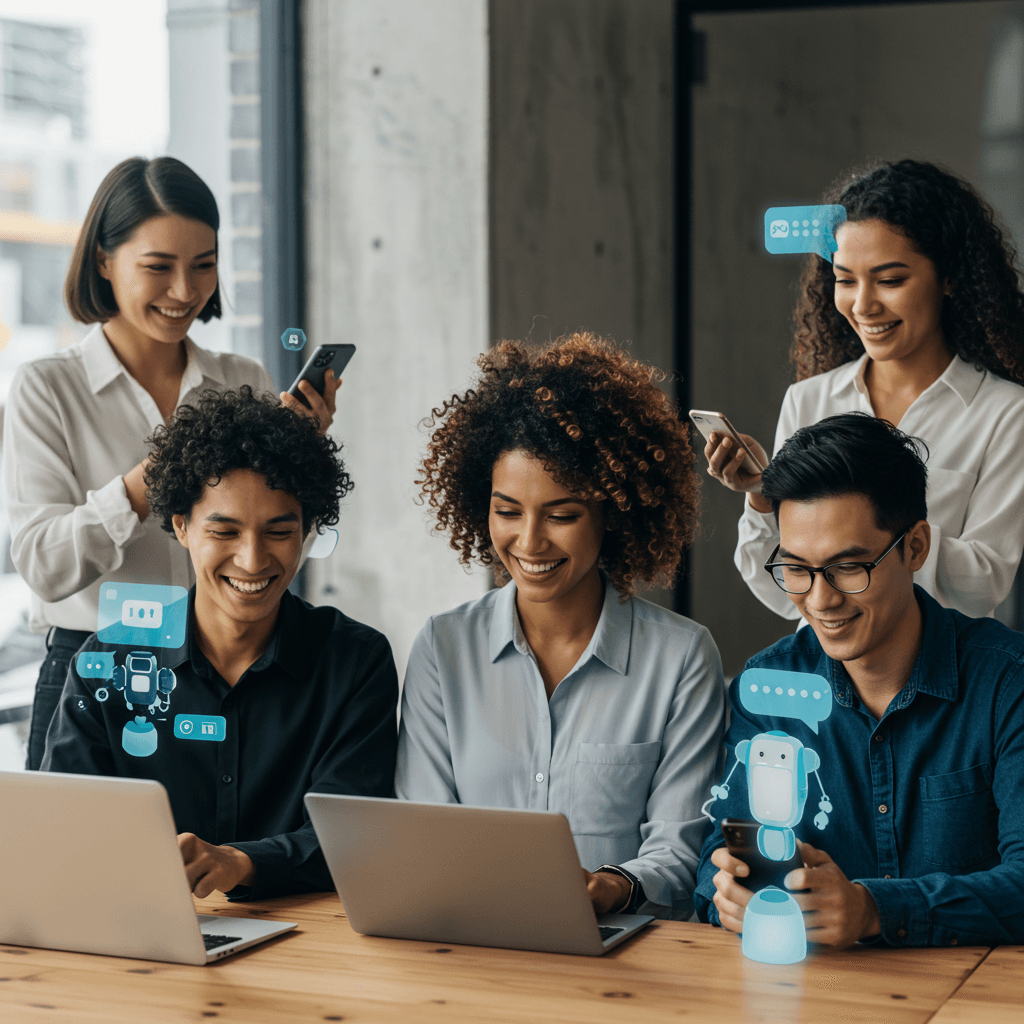 Diverse SME owners engaging with AI chatbots on various devices, representing no-code AI chatbot technology for customer service automation